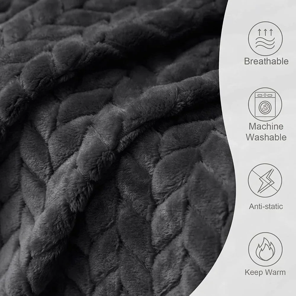 Dark Grey Knit Jacquard Weave Pattern Decorative Warm Flannel Couch Cozy Blanket - Picture 4 of 16